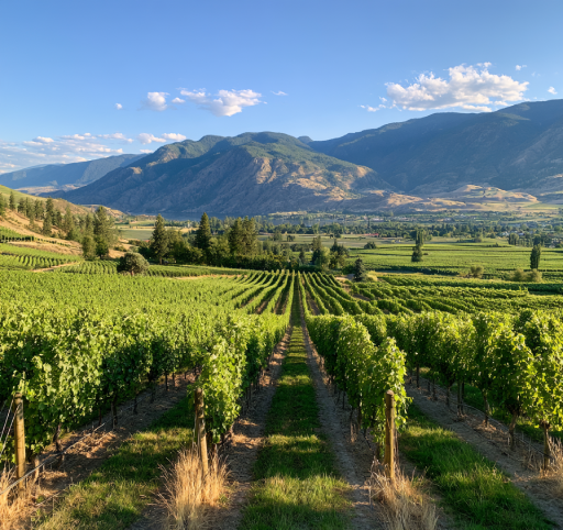 Sunlit valley vineyard with rows of vines in the Okanagan