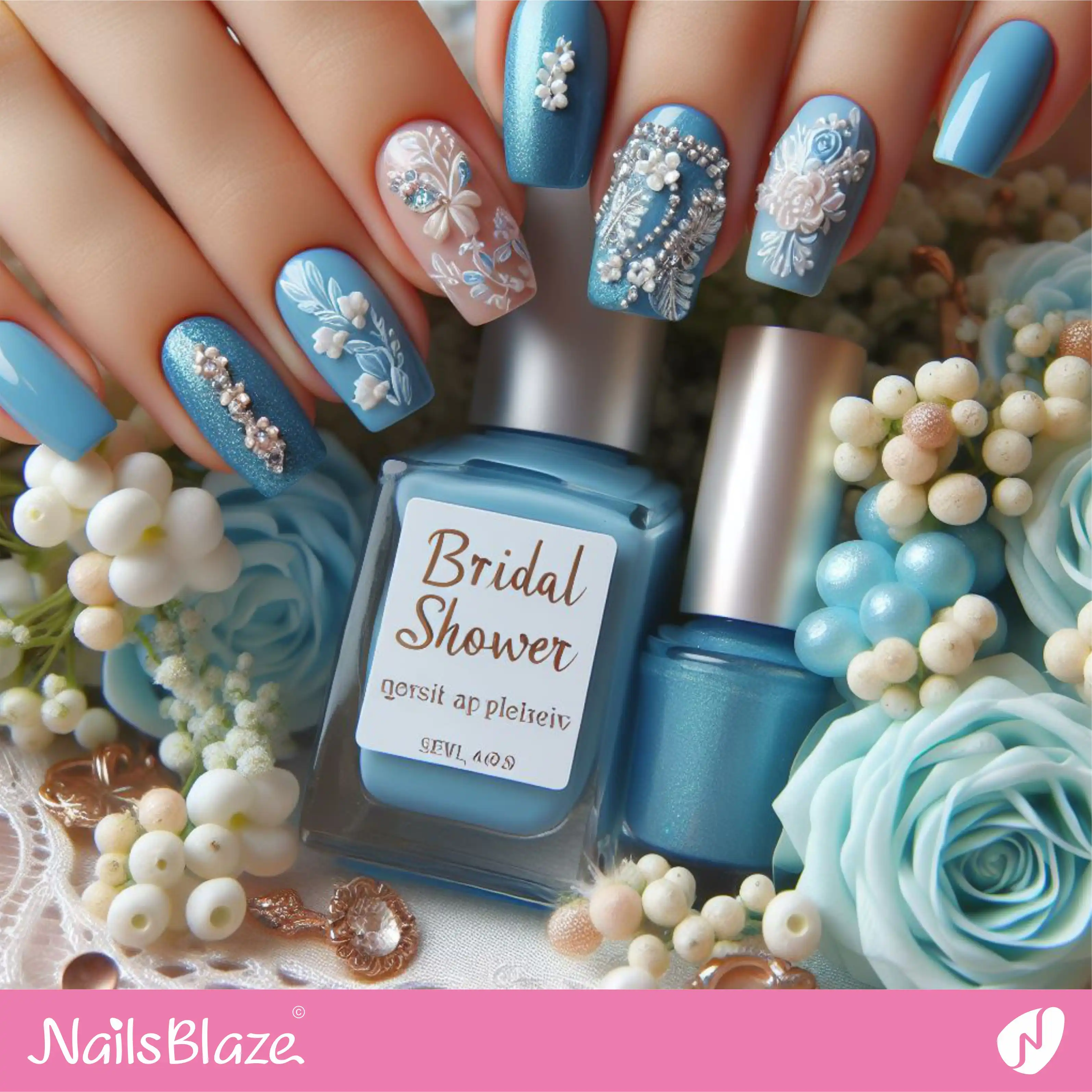 Bridal Shower Embellished Blue Nail Design | Wedding-NB-D-88