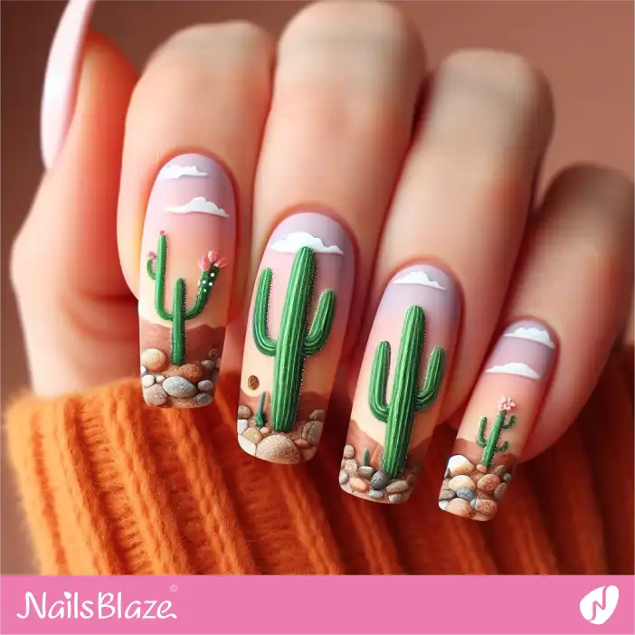 Long Matte Desert Nail with Saguaro Cactus Design| Desert Nail Design-NB-D-629