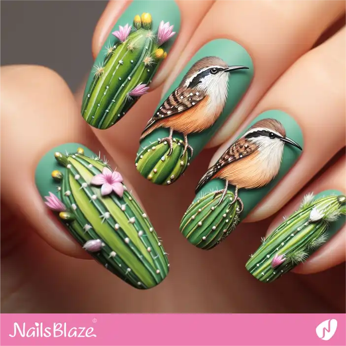 3D Matte Cactus Wren with Blossomed Cactus Nail Design | Desert Nail Design-NB-D-619