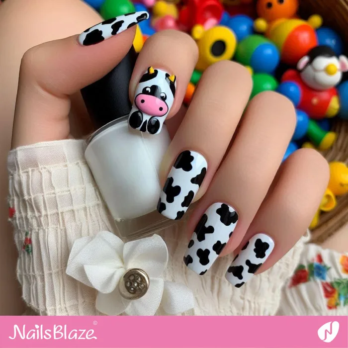 Cute Black and White Cow Nail Design | Animal Print Nails - NB4375