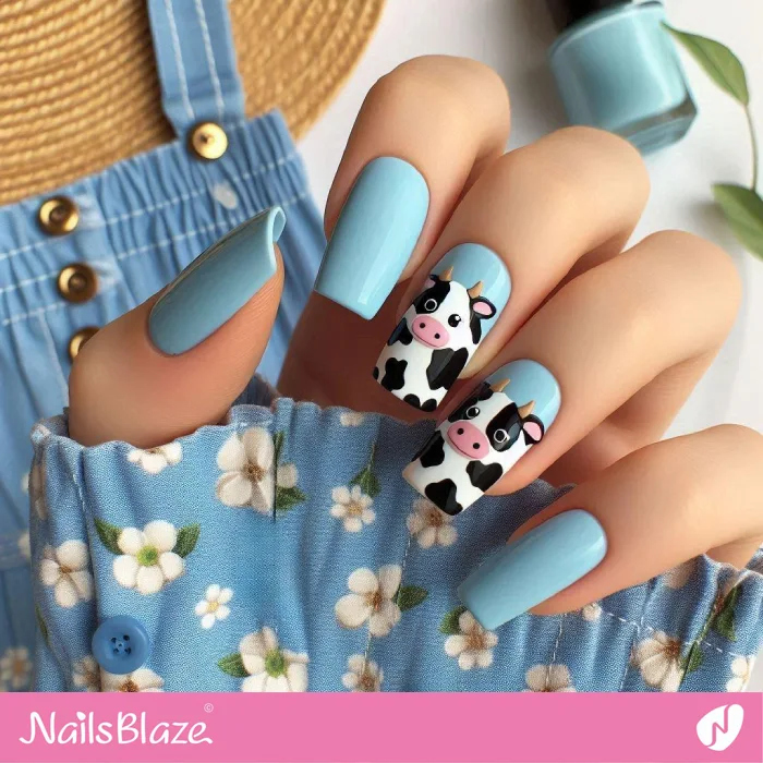 Blue Nails with Cow Design | Animal Print Nails - NB4376