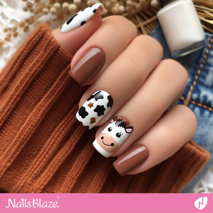 Brown Nails with Cow Print Design | Animal Print Nails - NB4379