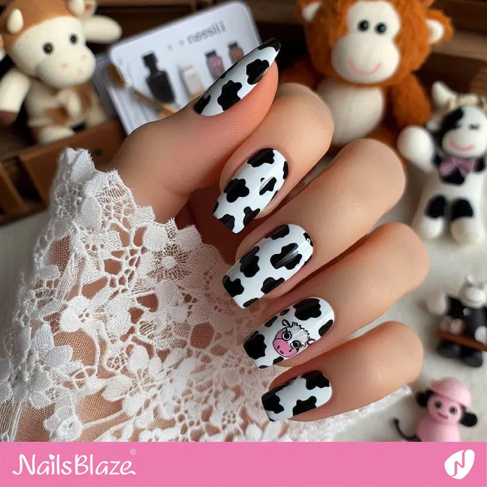 Nails with Black and White Cow Print | Animal Print Nails - NB4380