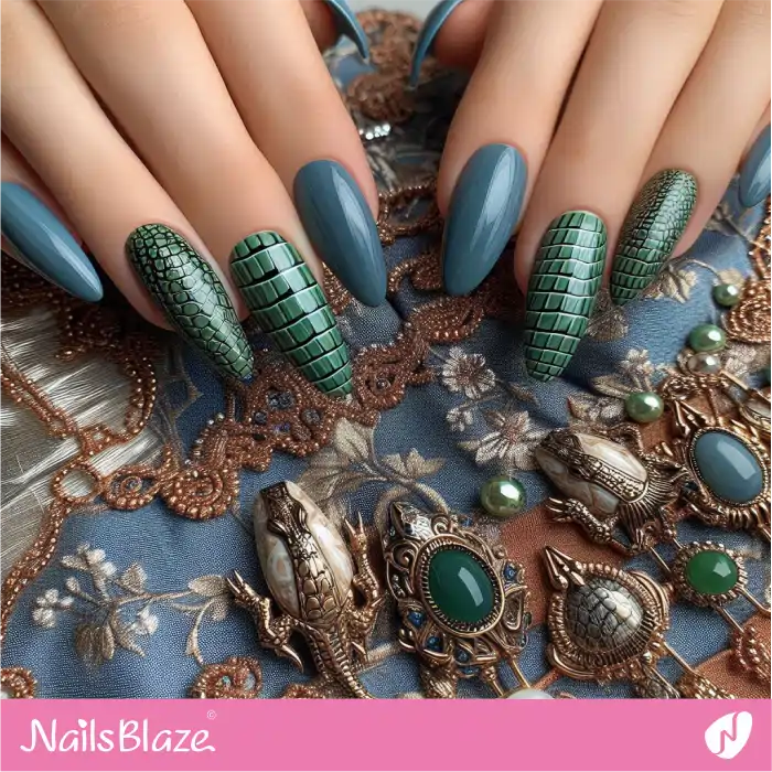 Blue Nails with Green Crocodile Print | Animal Print Nails - NB4404