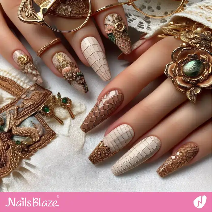 Nude and Brown 3D Crocodile Nails | Animal Print Nails - NB4415