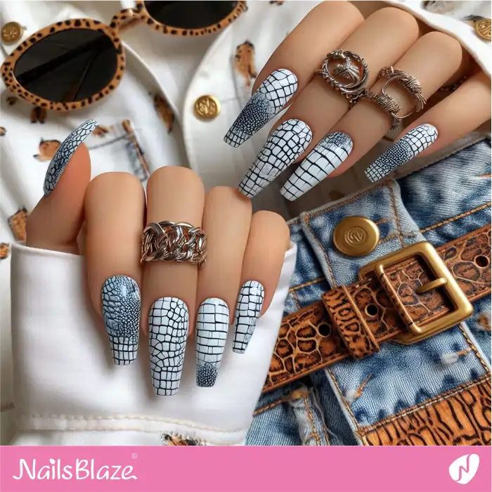 Winter Ice Blue Nails Crocodile Print Design | Animal Print Nails - NB4409