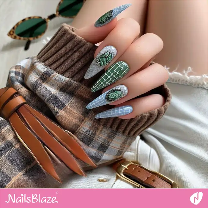 Blue Crocodile Print Nails with Green Accent | Animal Print Nails - NB4410