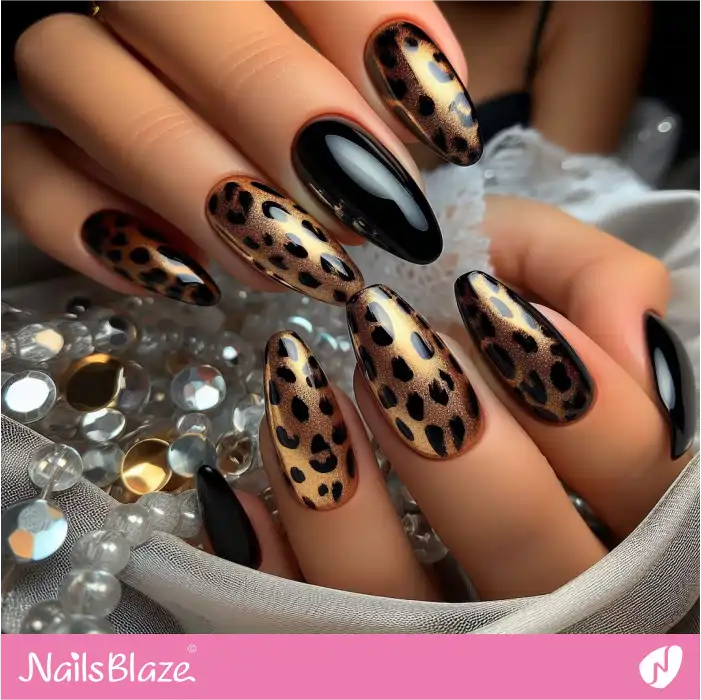 Black and Gold Leopard Nails | Animal Print Nails - NB4313