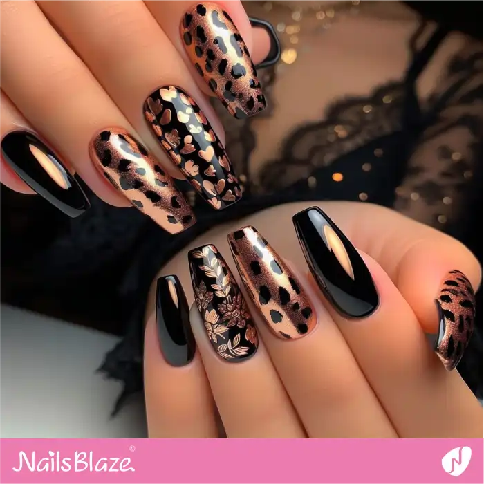 Black and Rose Gold Leopard Nails Design | Animal Print Nails - NB4314