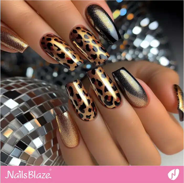 Black and Gold Leopard Print Shimmer Nail Art | Animal Print Nails - NB4316