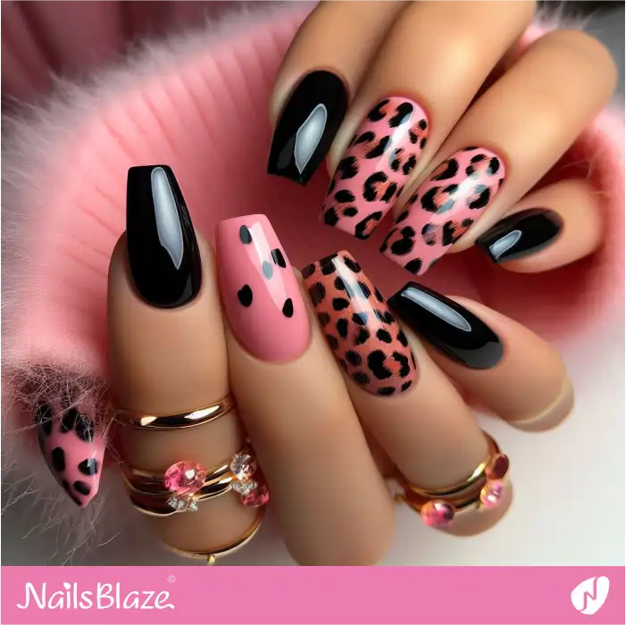 Black and Pink Leopard Print Nails | Animal Print Nails - NB4317