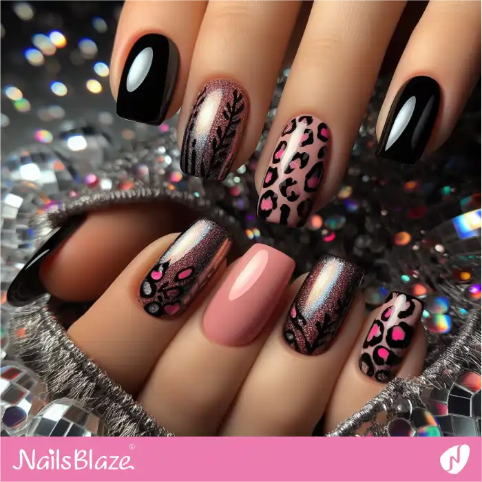 Black and Pink Leopard Print Nails Shimmer Design | Animal Print Nails - NB4319
