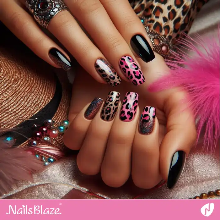 Black and Pink Leopard Nails with Shimmer Design | Animal Print Nails - NB4320