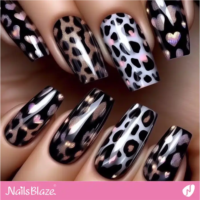 Glossy Black and White Leopard Print Nails | Animal Print Nails - NB4324