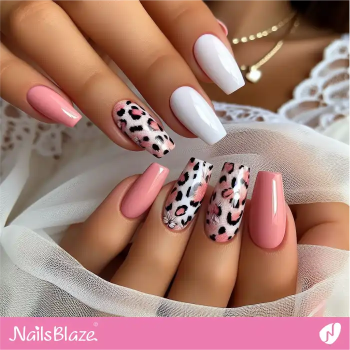 Pink Leopard Nails with White Accents | Animal Print Nails - NB4345