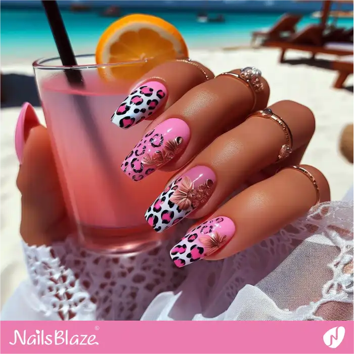 Summer Pink Leopard Print Nails | Animal Print Nails - NB4346