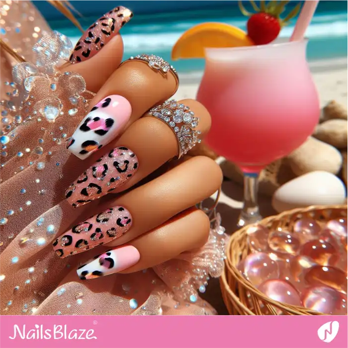 Embellished Pink Leopard Print Nails | Animal Print Nails - NB4348