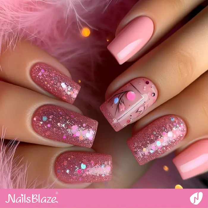 Pink Glitter Nails with Minimal Accent Nail Design | Birthday Nails - NB3203