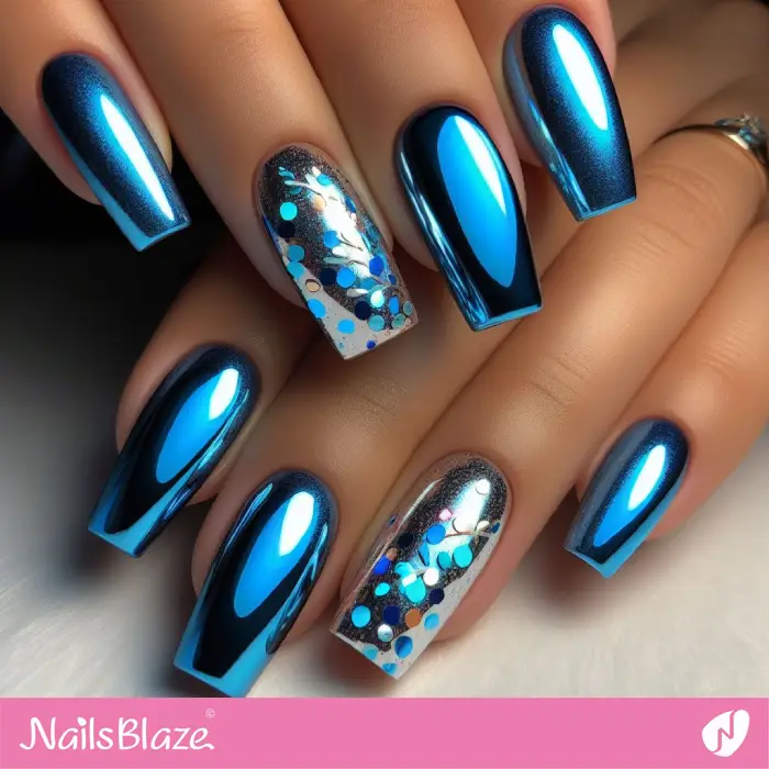Blue Chrome Nails with Confetti Accents for Birthday | Birthday Nails - NB3205