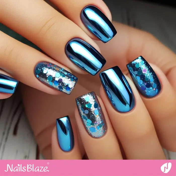 Blue Chrome Nails Embellished with Confetti | Birthday Nails - NB3206