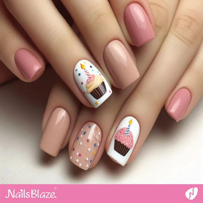 Pink and Nude Birthday Nails with Cupcakes | Birthday Nails - NB3239