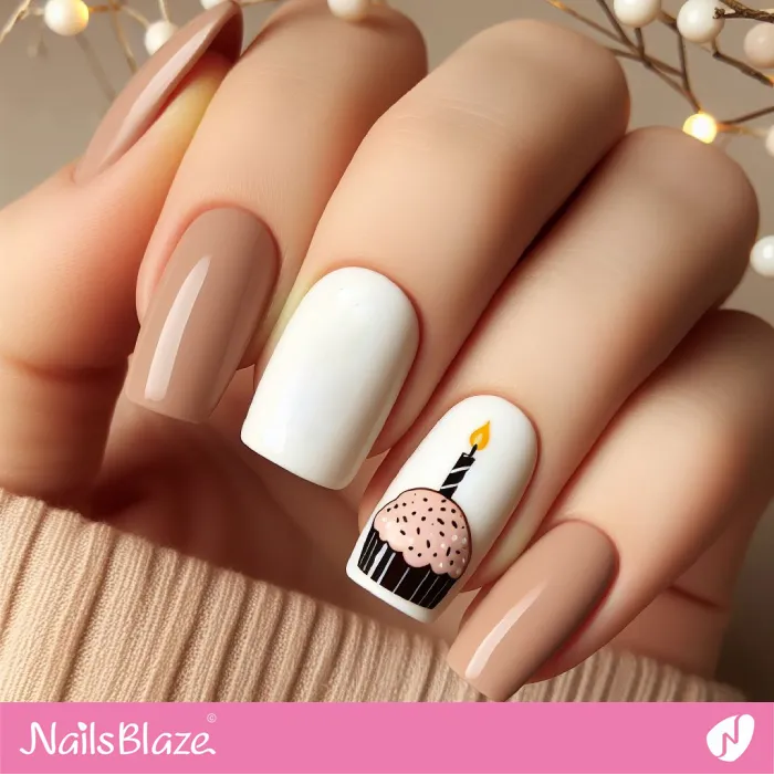 Nude and White Nails with a Cupcake | Birthday Nails - NB3240