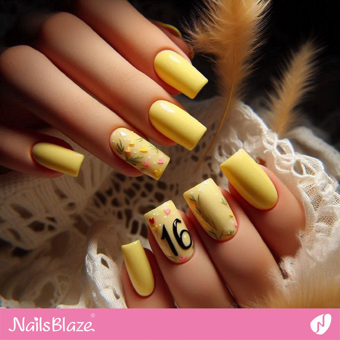 Cute 16th Birthday Nails in Yellow | Birthday Nails - NB5185