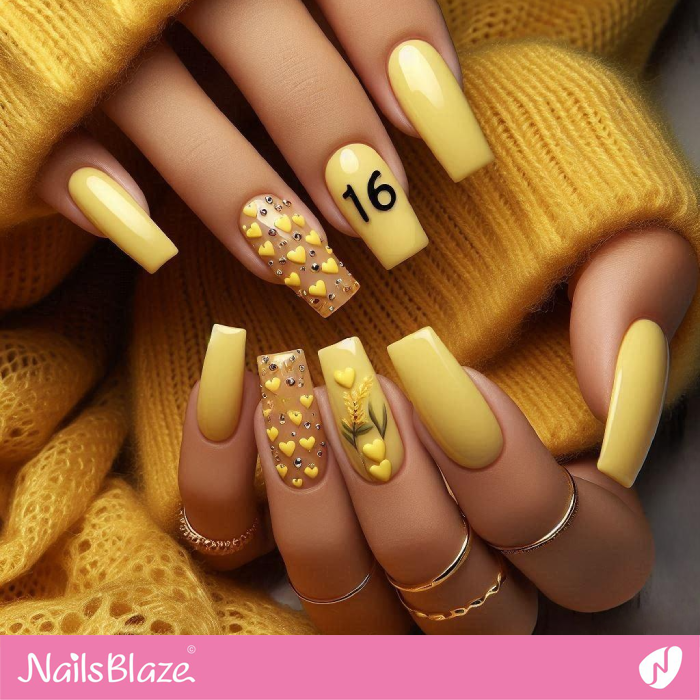 3D Yellow Hearts for 16th Birthday Nails | Birthday Nails - NB5189