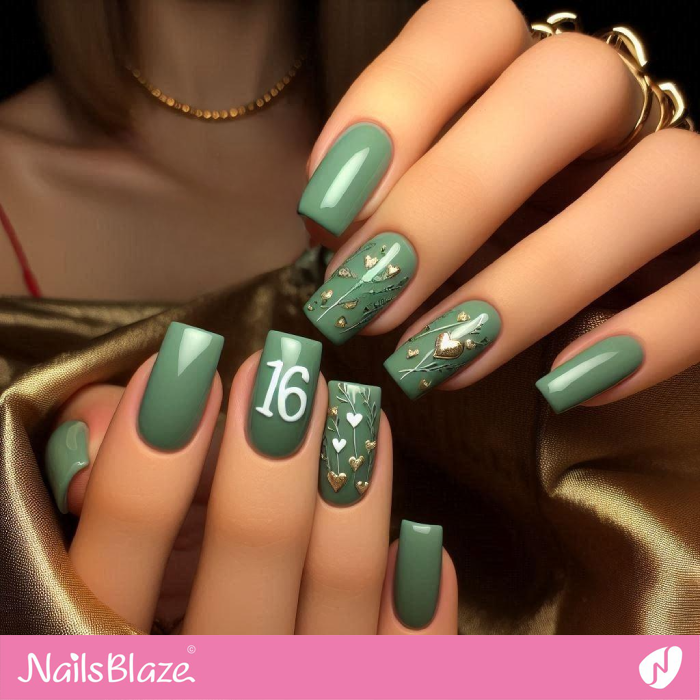 16th Birthday Green Nails with Hearts | Birthday Nails - NB5174