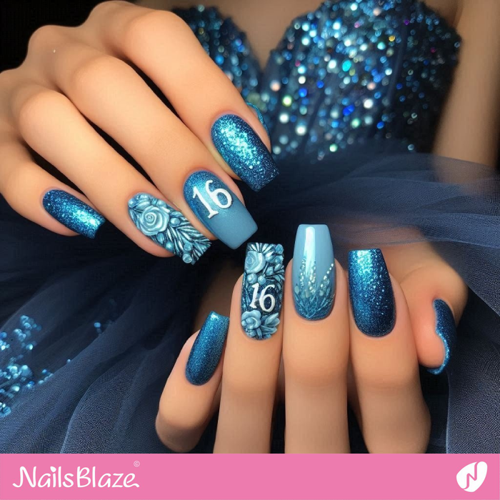 Embellished 16th Birthday Blue Nails | Birthday Nails - NB5175