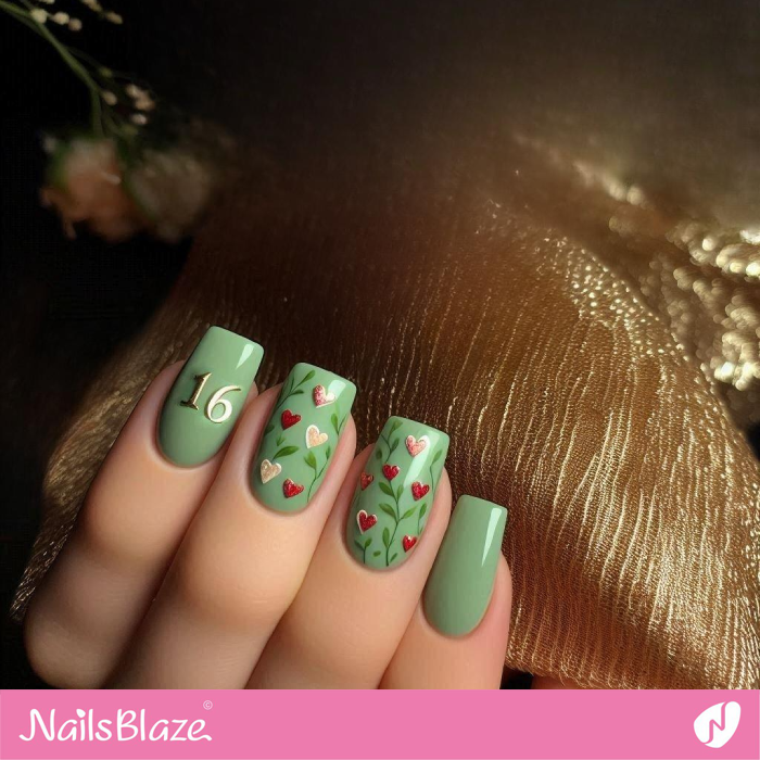 Green Heart Nails for 16th Birthday | Birthday Nails - NB5180