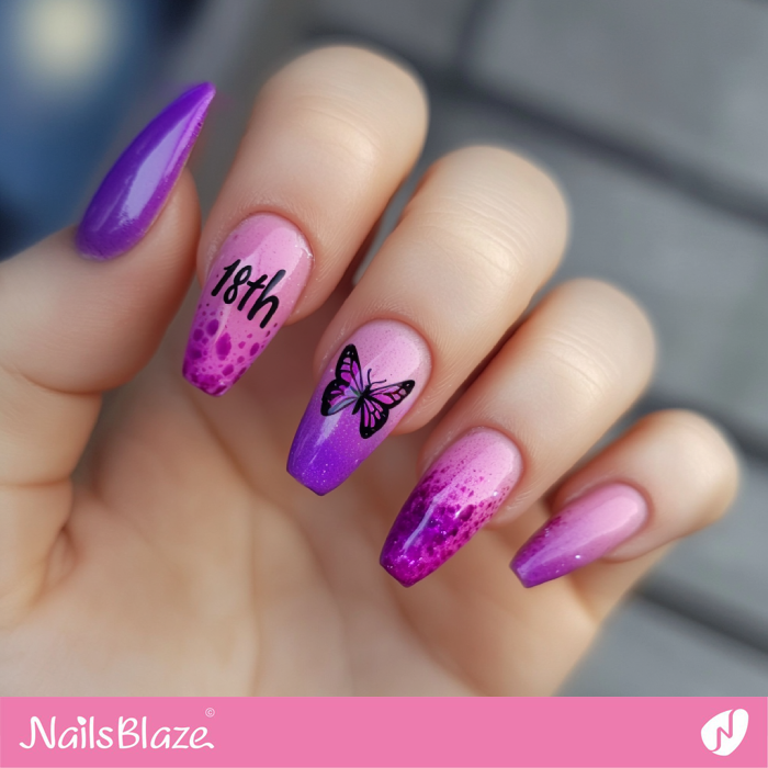 Purple Ombre Nails with Butterfly | 18th Birthday Nails - NB6847