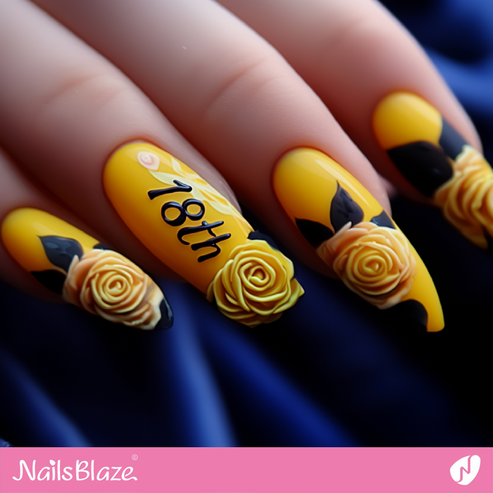 Birthday Nails with Yellow Roses | 18th Birthday Nails - NB6857