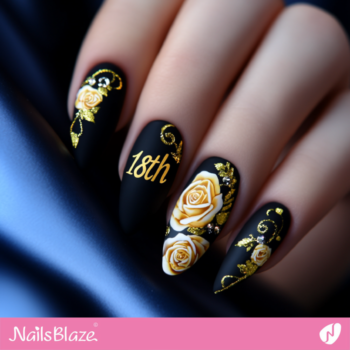 Luxury Black Nails for Birthday | 18th Birthday Nails - NB6859