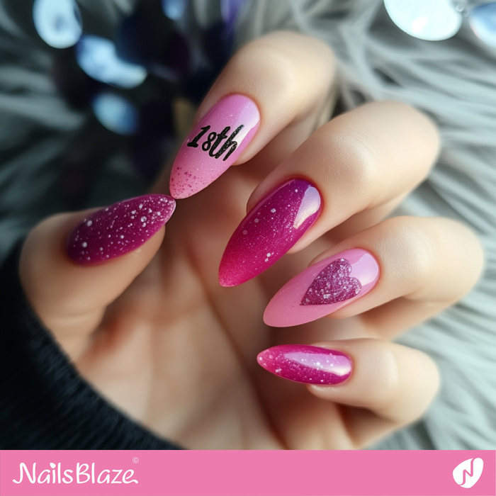 Birthday Pink Nails with a Heart Design | 18th Birthday Nails - NB6854