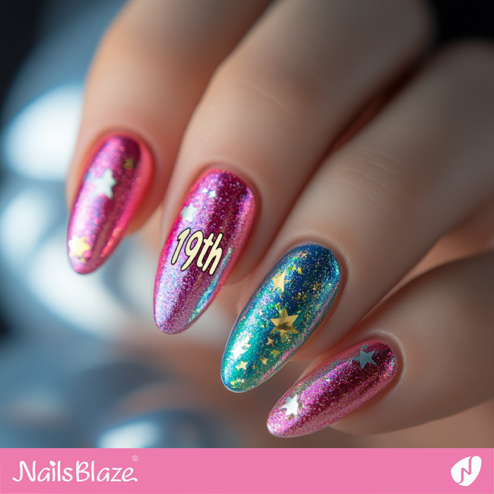 Nails with Star and Glitter Design for Birthday | 19th Birthday Nails - NB6875