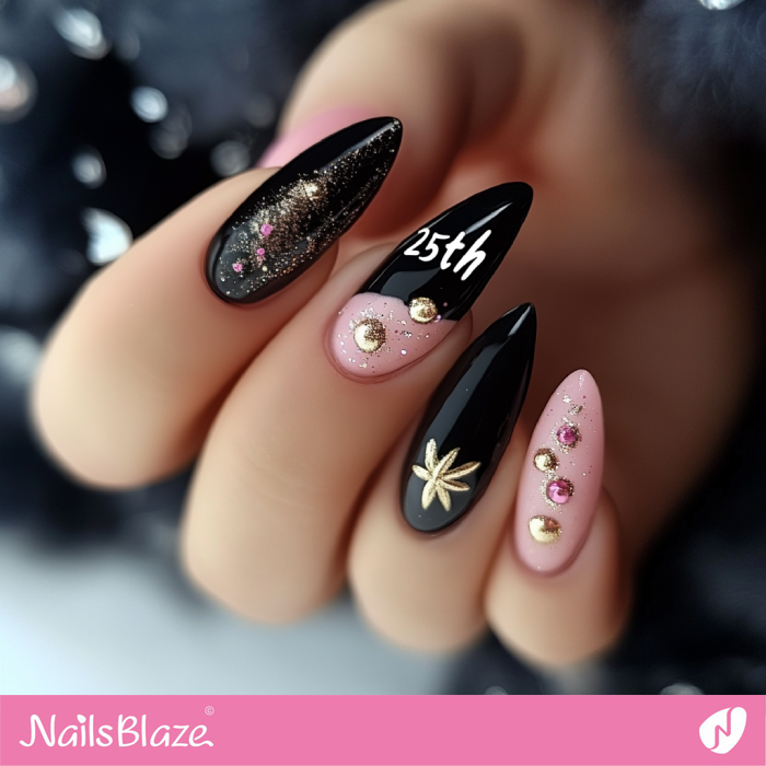 Embellished Black Nails for Birthday | 25th Birthday Nails - NB6876