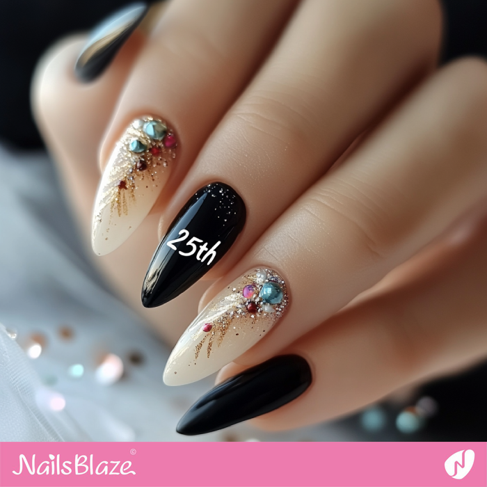 Black and White Nails with Decoration | 25th Birthday Nails - NB6886