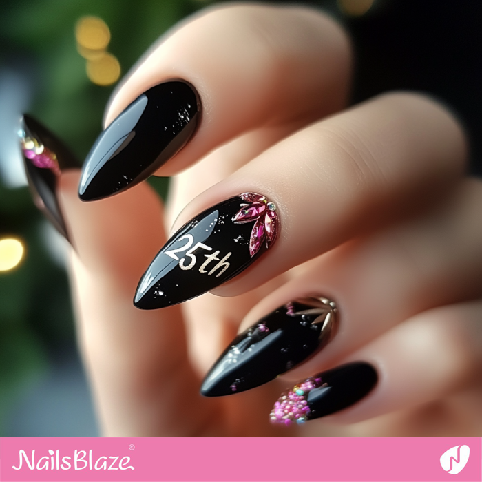 Birthday Black Nails Crystal Design | 25th Birthday Nails - NB6889