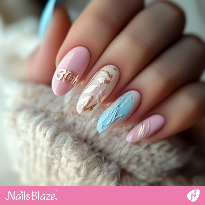 Soft Pink and Blue Nails Design for Birthday | 30th Birthday Nails - NB6903