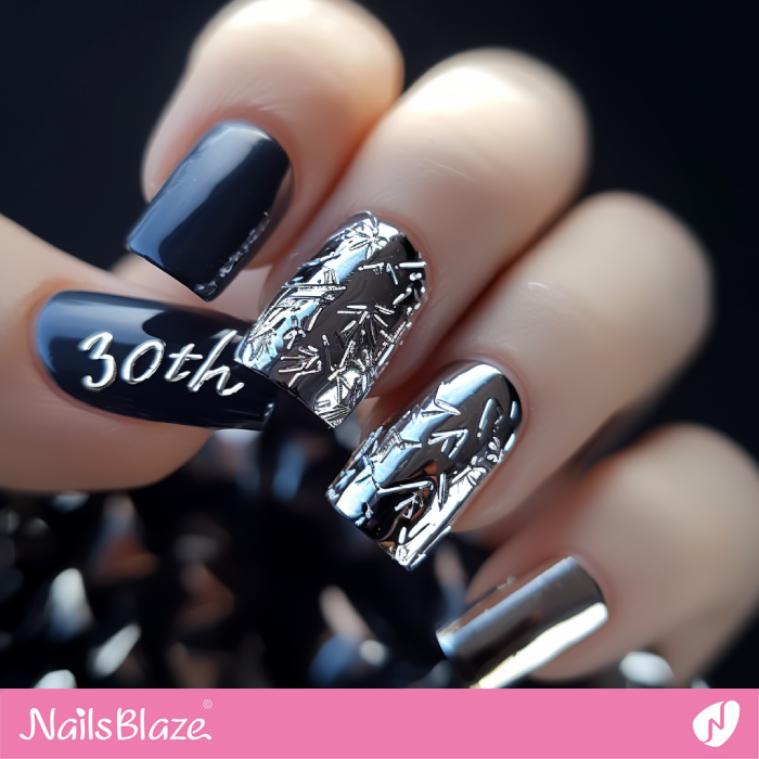 Silver Chrome and Black Nails for Birthday | 30th Birthday Nails - NB6891