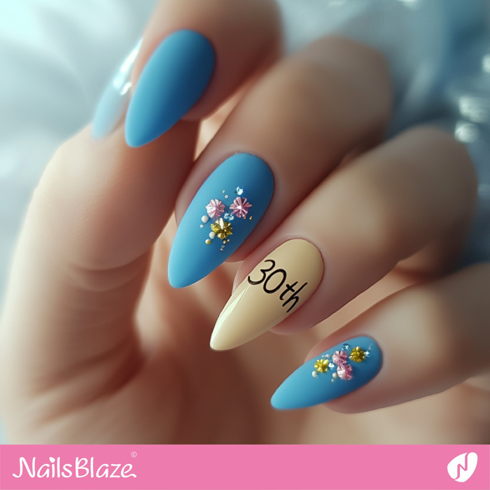 Birthday Blue Almond Nails Design | 30th Birthday Nails - NB6893