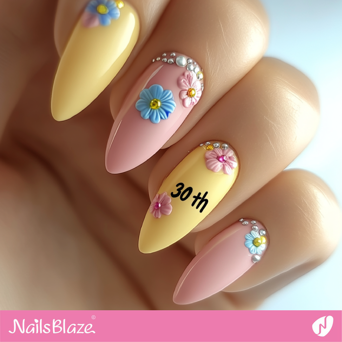 Floral Pink and Yellow Nails for Birthday | 30th Birthday Nails - NB6896