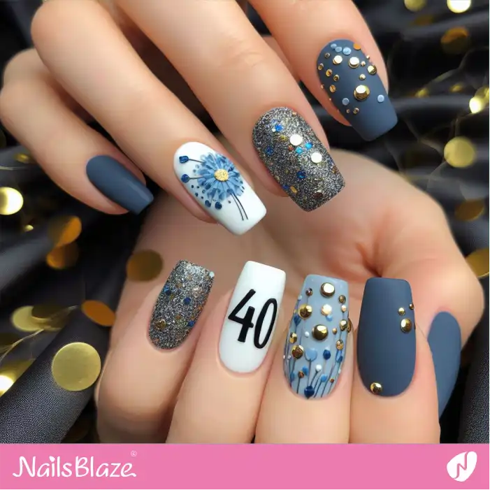 Embellished Blue and White Nails for Birthday | 40th Birthday Nails - NB3215