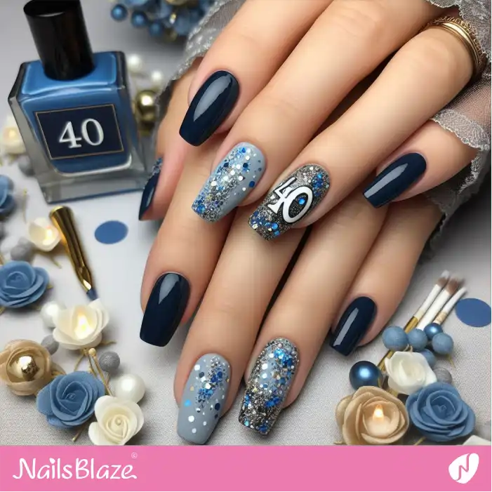 Glitter Design Blue Nails for Birthday | 40th Birthday Nails - NB3216