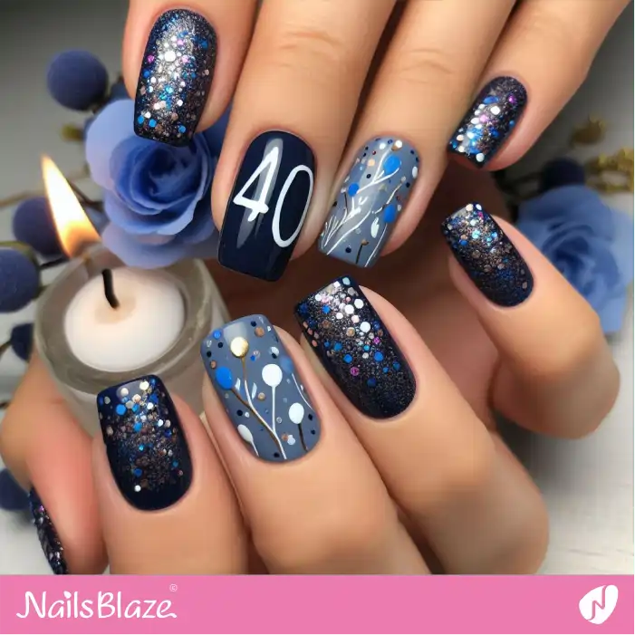 Birthday Blue and Gray Confetti Nails Design | 40th Birthday Nails - NB3219
