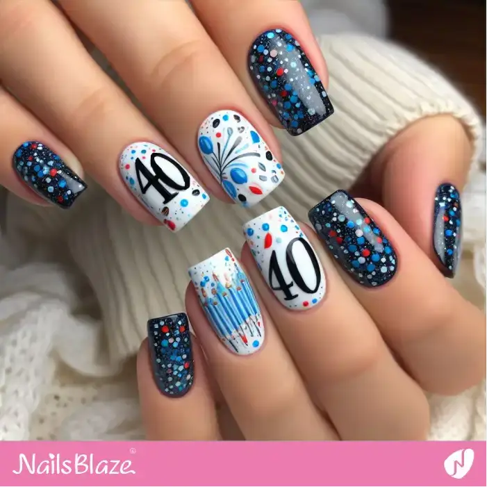 Birthday Party with Blue and White Nails | 40th Birthday Nails - NB3235