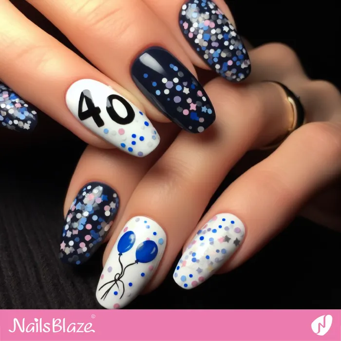 40th Birthday Blue and White Nails | 40th Birthday Nails - NB3236