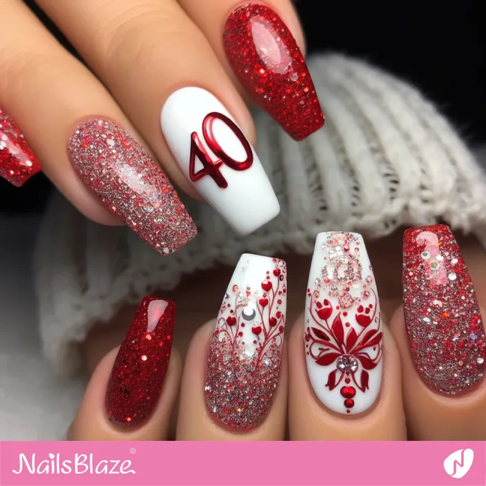 40th Birthday Red and White Glitter Nails | 40th Birthday Nails - NB3237